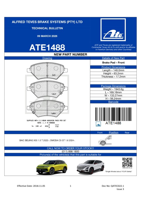 ATE1488 NEW! Brake Pad for BAIC BEIJING X55 1.5 T 2022-; OMODA C5 GT 1.6 2024-. featured image